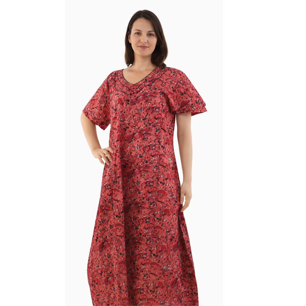 Women’s Red Floral Printed Maxi Nightdress | Soft Cotton Nighty