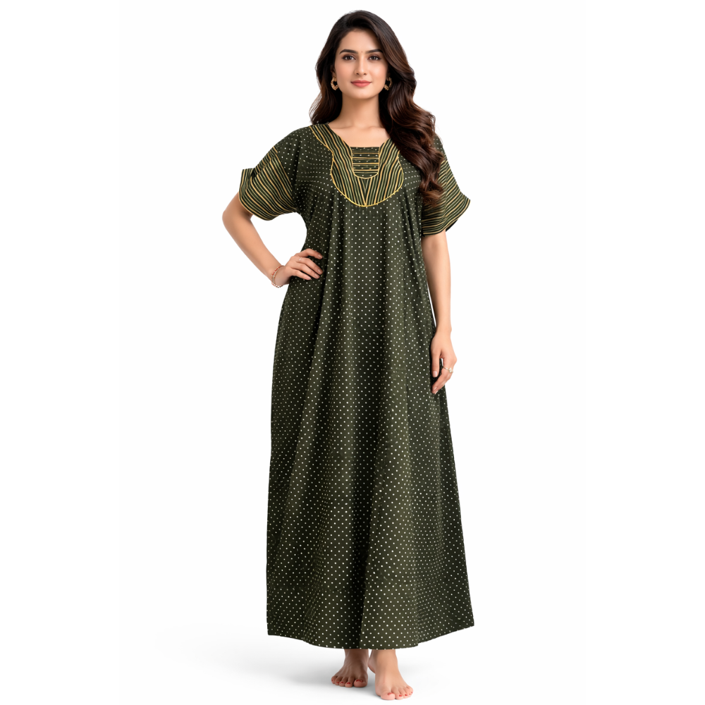 Women’s Cotton Printed Nighty | Short Sleeve Full Length Night Gown | Comfortabl