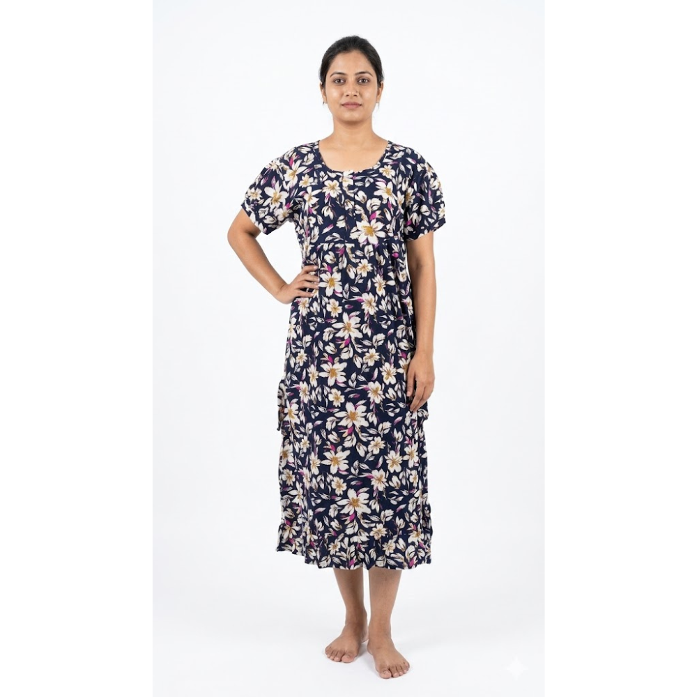 Women Floral Printed Night Gown Half Sleeve Cotton Nighty